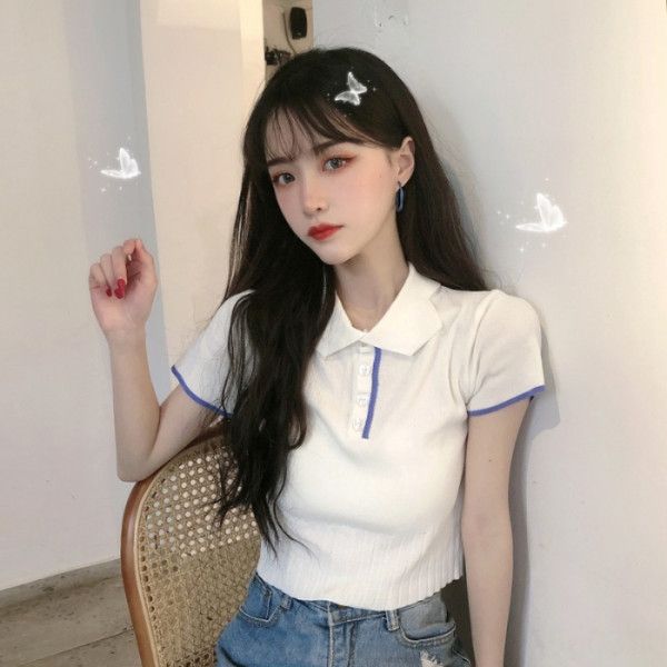 

x6djp season 2020 new korean polo collar short sleeve women's short versatile knitwear knitwear t- knitted shirt t-shirt student fashio, White