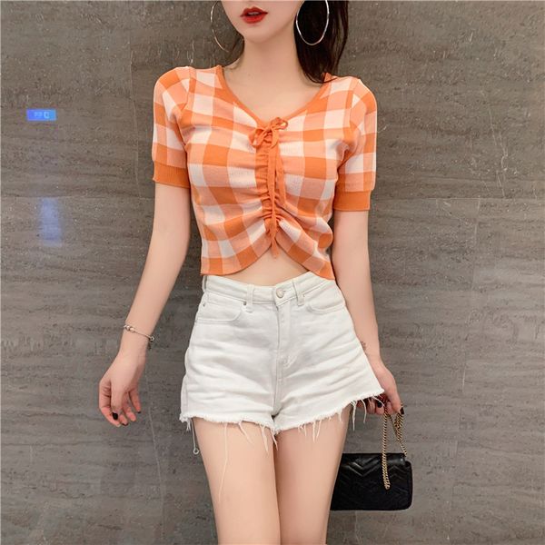 

women v-neck knitted short sleeve draw string plaid chic t-shirts crop girls knit stretchy cropped tee shirts for female, White