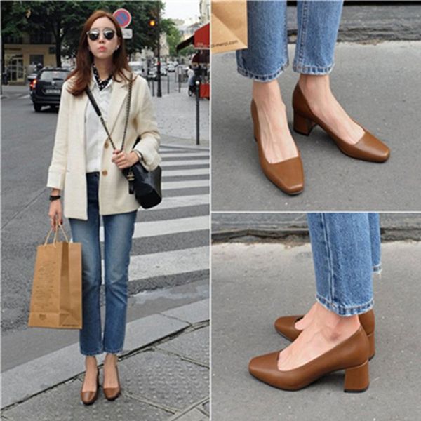 

vintage pumps women shoes mid heel summer french slip-on artificial pointed toe casual party wedding streetwear women pumps, Black