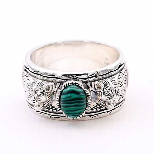 

s925 silver tiger head ring retro sterling silver inlaid malachite double tiger head ring turquoise tiger head male and female ring