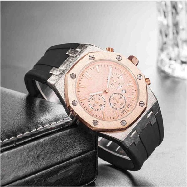 

mens luxe watches stainless steel clock dial sapphire quartz rubber strap watch for men gold sport casual wristwatches 17, Slivery;brown