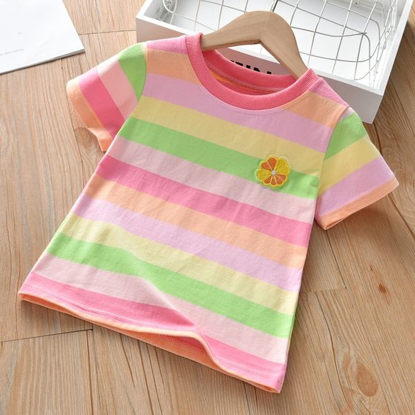 

new t-shirt korean style children's short-sleeved t-shirt internet red rainbow striped sunflower embroidered cotton, Blue