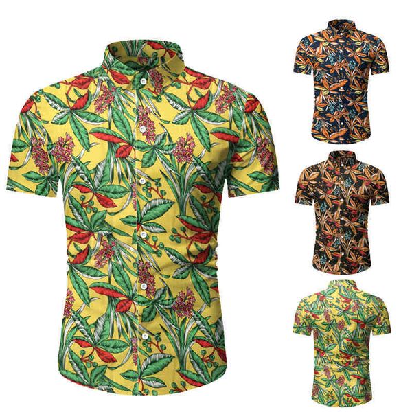 

europe summer men short sleeve regular shirts leaf print beach casual shirt camisas male fashion party city streetwear -3xl, White;black