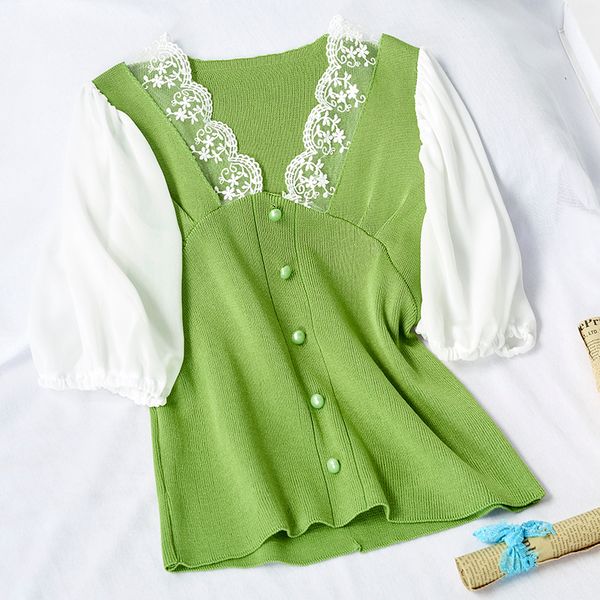 

2020 autumn new lace v neck women pullovers korean sweet hit color patchwork puff sleeve jumper sweet female sweaters, White;black