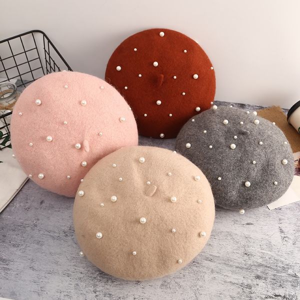 

korean new woolen woolen cloth star pearl handmade pearl painter parent-child painter's hat beret beret bud hat, Blue;gray