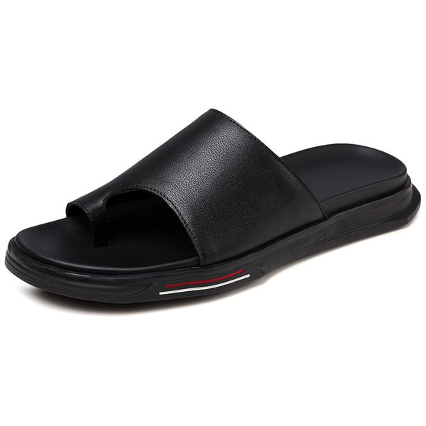 

mens sandals summer outdoor breathable leather trend sandals male personality outer wear word slippers men flip flops cowhide, Black