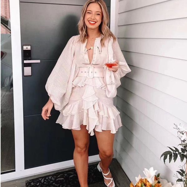 

2020 new summer fashion women clothing round neck lantern sleeves ruffles pleated single breasted vintage dress +belt, Black;gray