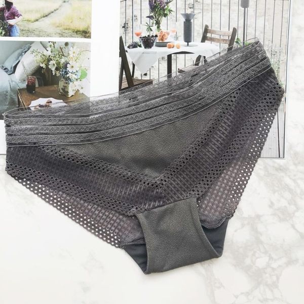 

transparent hollow summer women's breathable mid-waist triangle european and american ladies underwear, Black;pink