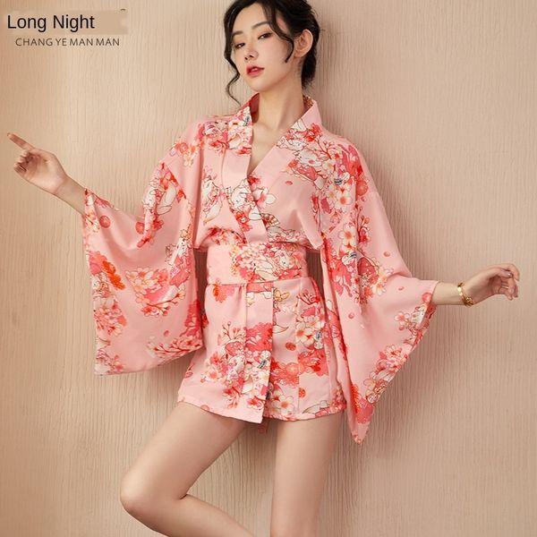 

long night underwear printed hollow underwear kimono kimono sleeves waist-tied passionate uniform temptation 1217, Black;white