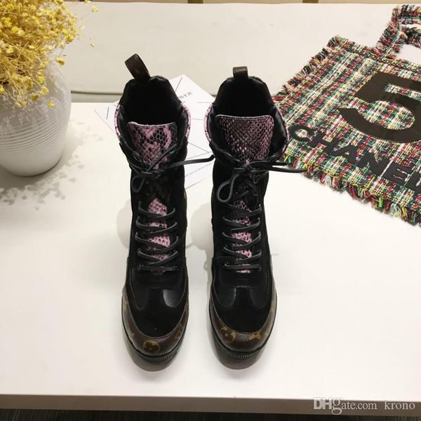 

высокое качество мода печатные полосы толстая подошва короткие сапоги женщин толстой подошве мартин сапоги из натуральной кожи узелок коротк, Black