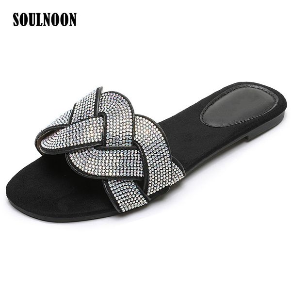 

new 2020 women flat slippers summer bohemia sandals bling crystal slides woman's rhinestone beach shoes ladies casual flip flops, Black