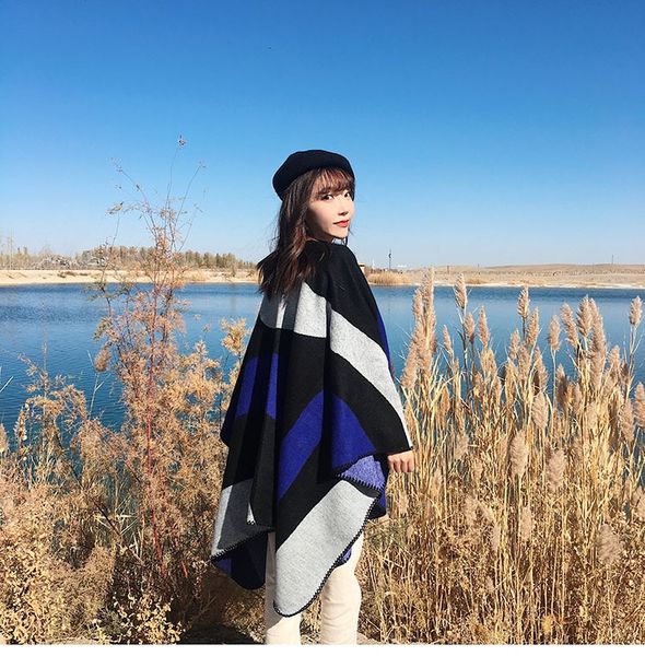 

scarf korean female winter all-match day travel p warm split shawl warm scarf cloak thickened cloak, Blue;gray