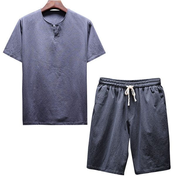 

men's tracksuits calofe men slim set summer short sleeve o-neck knee length pants plus size fashion solid sportwear suit 5xl 3xl, Gray