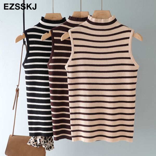 

women's sweaters autumn spring stripe sleeveless sweater pullovers women casual 2021 turtleneck female basic knit jumpers top, White;black