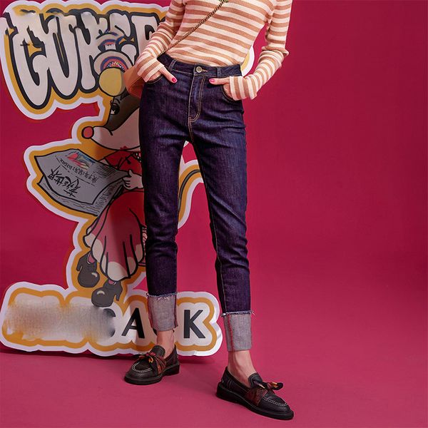 

blue solid straight minimalist casual jeans woman winter new pocket turn up office ladies basic daily trousers