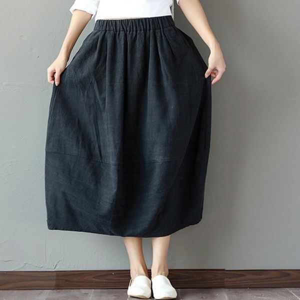 

kqual 2019 spring new artistic mid-length elastic waist high mian ma qun cotton linen mian ma qun waist loose large size cotton and linen sk, Black