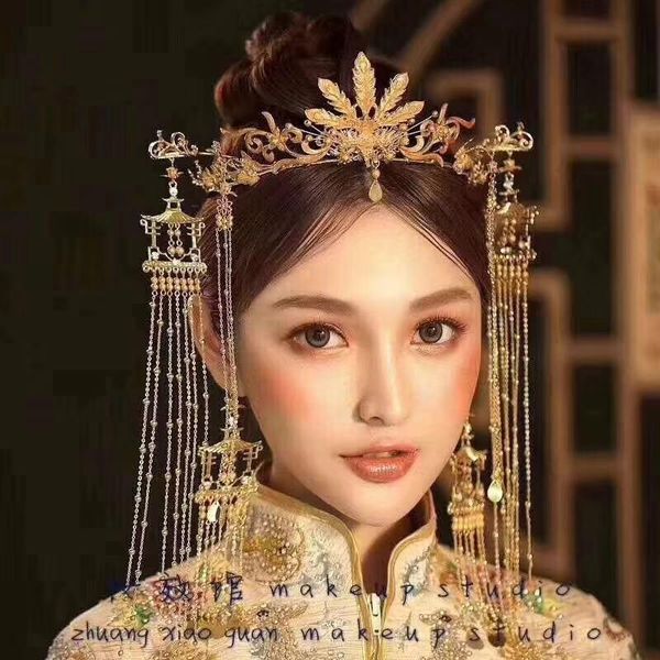 

bride new style ancient costume headwear chinese wedding hair phoenix crown palace retro tassel ear set, White;golden