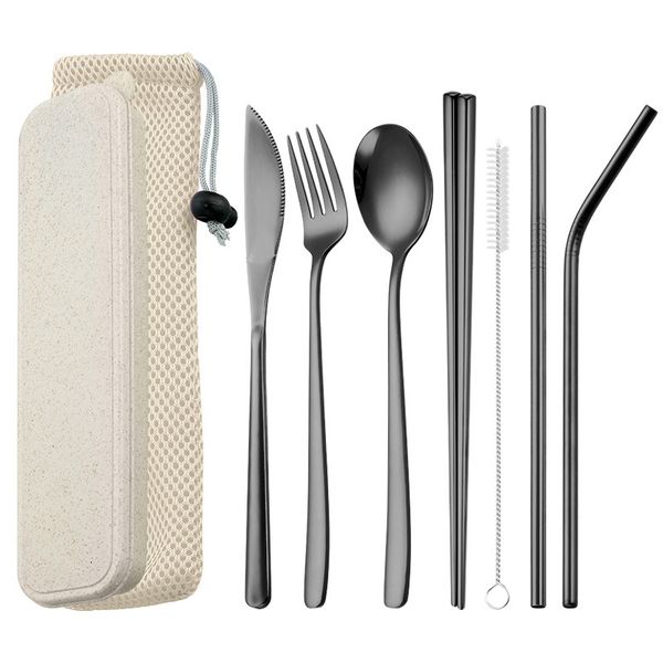 

2020 new premium 304 stainless steel tableware straw set western style creative titanium-plated straw knife fork spoon gift tableware set