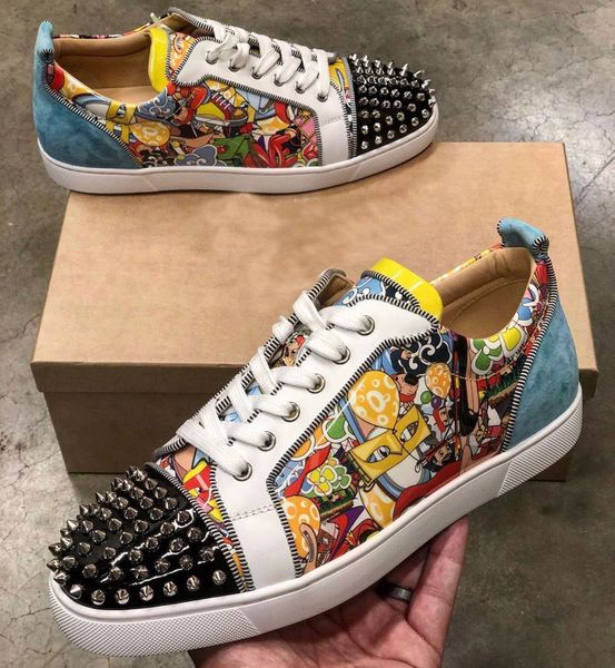 

luxury design junior spikes orlato men's casual flat super loubi print red bottom sneakers low men skateboard walking shoes with box, Black