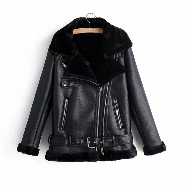 

2020 women pu leather jackets cool fashion thickening biker design motorcycle warm belt coat winter outfit, Black