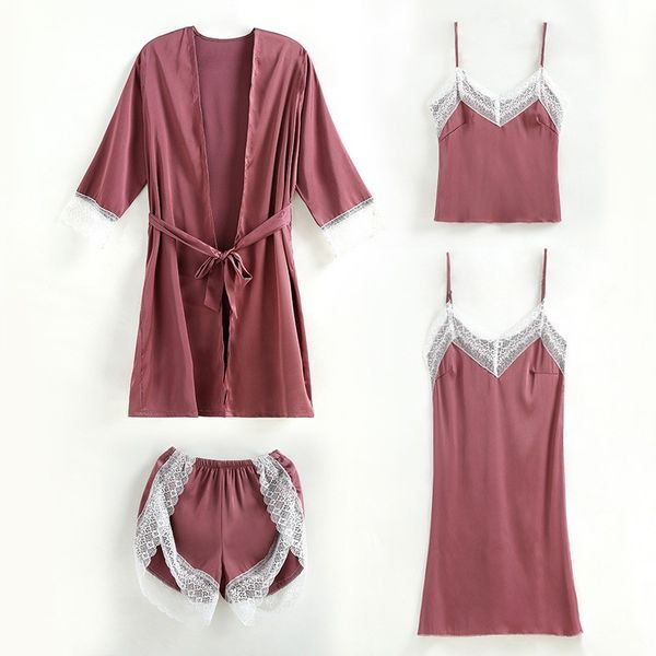 

women satin robe set lace 4pcs sleepwear summer kimono bathrobe gown female nightwear casual home clothing, Black;red