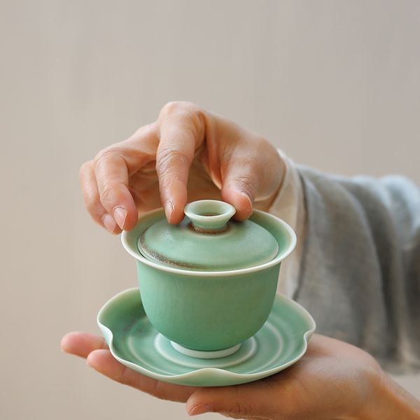 Керамическая печь Изменить гайвань зеленый окрашенная чашка чаша чаша для чайной чай чай чай чайная чайная чайная церемония Tureen