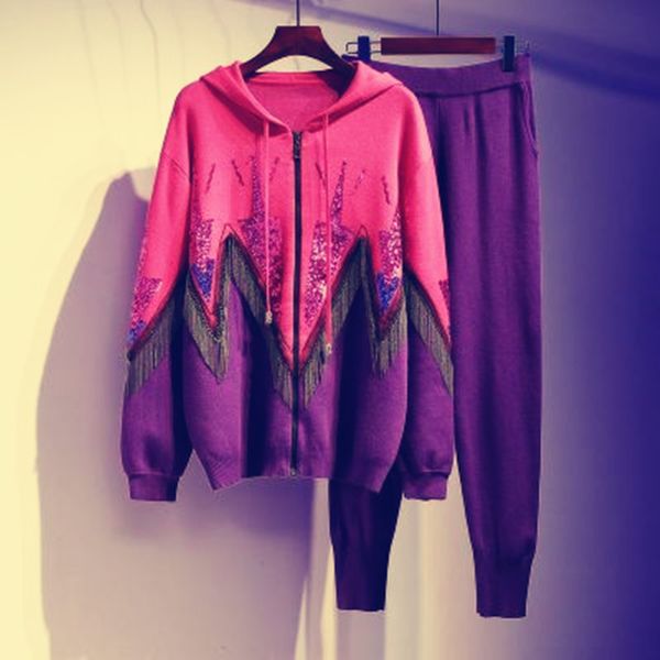 

2020 autumn winter fashion 2 piece set women pant and sweatsuits luxurious beading tassel women's tracksuit suits clothing, White