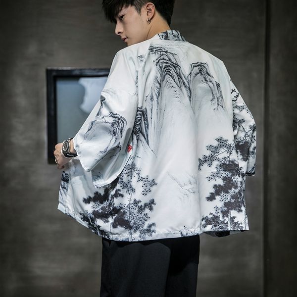 

oehe5 2020 summer new men's chinese cloak kimono kimonostyle printed kimono cardigan cloak youth fashion all-match sunscreen clothing f, Tan;black