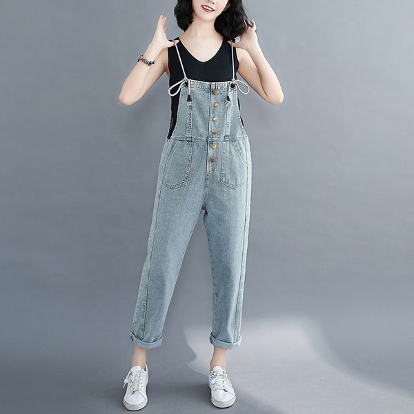 

2020 summer new fat sister suspender jeans large size jeans strap jumpsuit suspender korean style casual sling jumpsuit, Blue