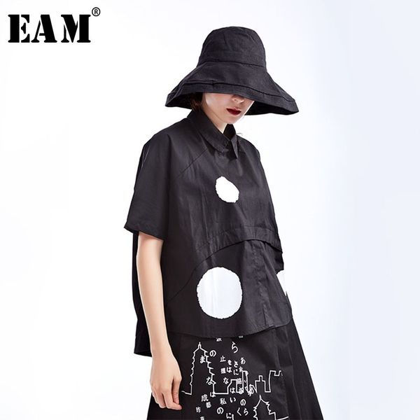 

eam] 2020 new spring summer lapel short sleeve black dot printed split joint loose big size shirt women blouse fashion js789, White