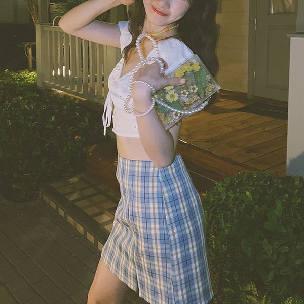 

plaid skirt girls vintage high waist back side split short jupe femme summer blue streetwear falda ropa mujer slim women, Black