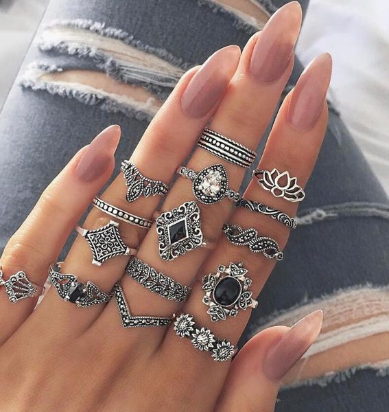 

ring 15 piece set female fashion silver retro wave domino diamond beach party summer fashion jewelry popular wholesale, Golden;silver