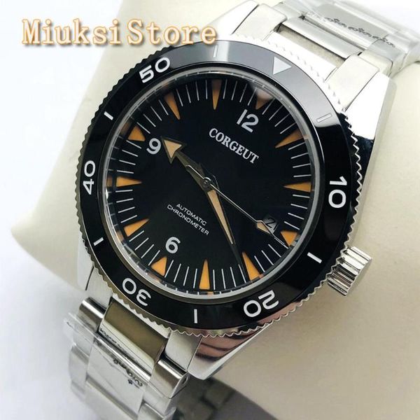 

corgeut men's new luxury business watch sapphire crystal ceramic bezel black dial date waterproof men's automatic watch, Slivery;brown