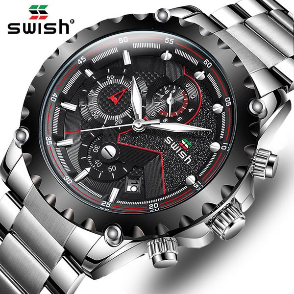

swish watch man business quartz watch men's waterproof chronograph sport steel date luminous clock, Slivery;brown