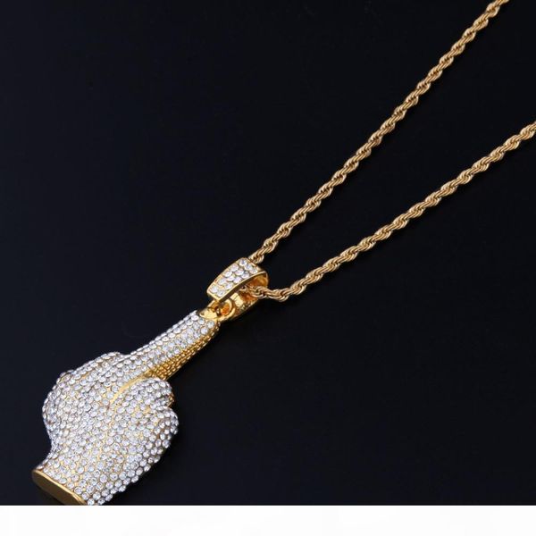 

k золото серебро цвет hip hop средний палец подвески bling кристалл полный cz rhinestone ожерелье punk vogue ювелирные ожерелья для мужчин, Silver