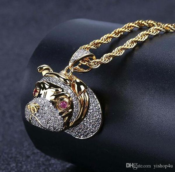 

18k gold plated personality retro pet dog head pendant necklace mens micro pave cubic zirconia simulated diamonds with 24inch rope chain, Silver