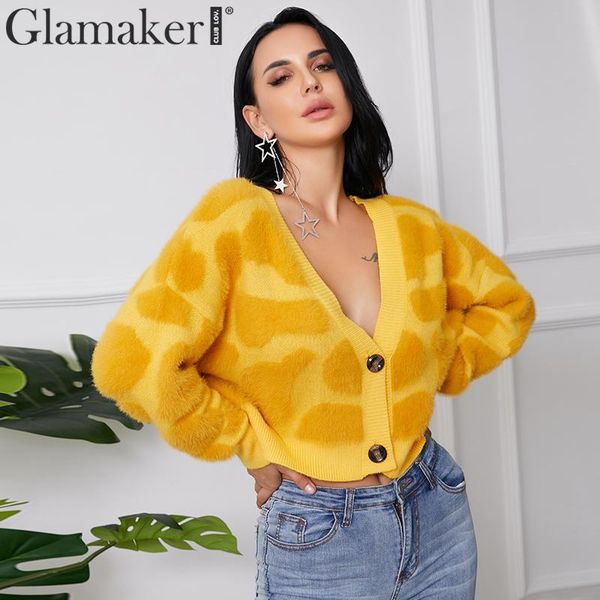 

glamaker yellow leopard print ladies knitted cardigan autumn button bat sleeve casual sweaters female v neck winter sweater, White