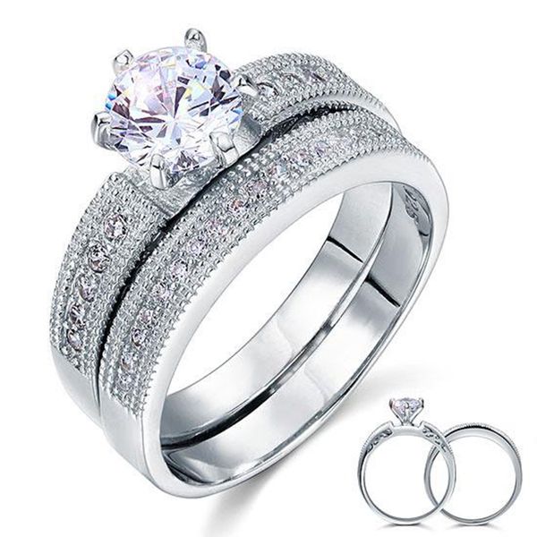

exquisite women wedding rings vintage style 1.25 solitaire created diamond solid sterling 925 silver 2-pc bridal wedding engagement ring set, Slivery;golden