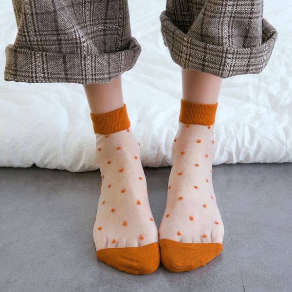 

spring and summer glass smooth dots thin mid-calf polka dots korean medium medium socks crystal socks style crystal stockings, Pink;yellow
