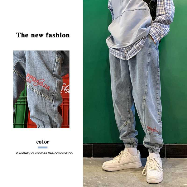

2020 new autumn men jeans men's casual loose ankle-tied pants straight style wide leg men's jeans man pants, Blue