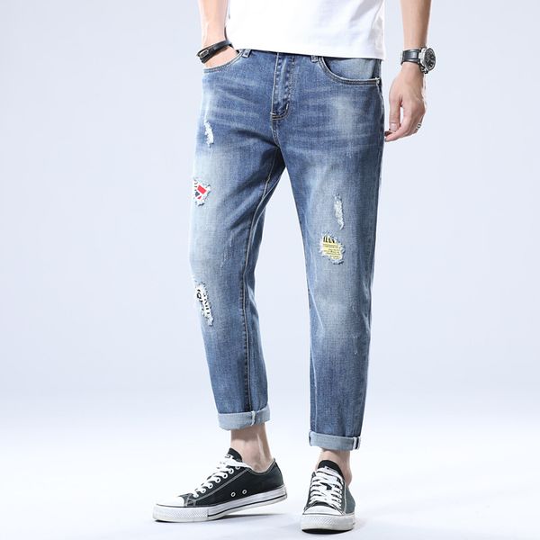 

men's jeans men stretchy ripped skinny biker embroidery destroyed hole taped slim fit denim scratched jean 2021, Blue