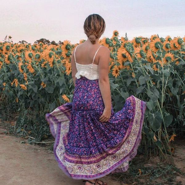 

boho chic hippie women beach floral print tassel bohemian skirt high elastic waist a line boho maxi skirt femme, Black