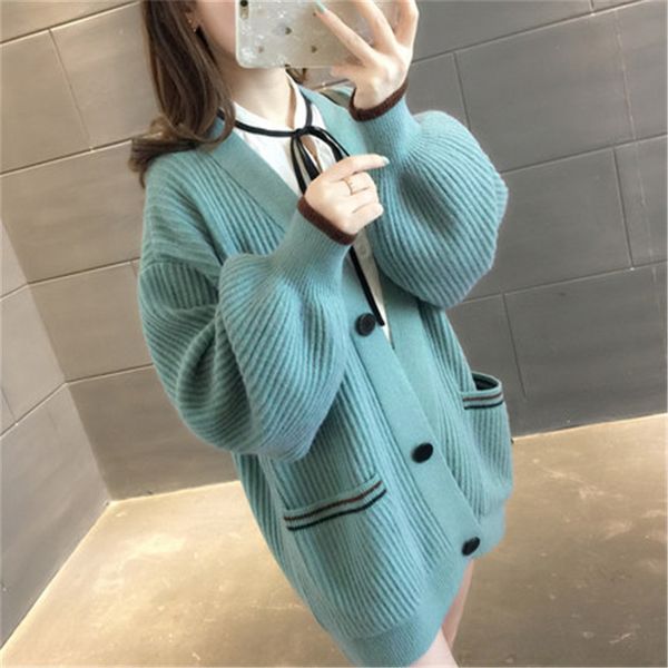 

2019 season new mid-length pocket solid color v-neck coat cardigan coat sweatersweater sweater loose korean style women's fashion, White;black