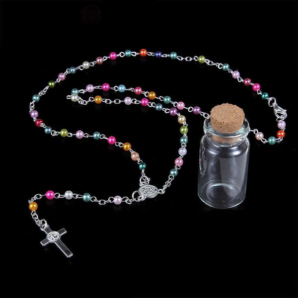 

new wishing bottle colorful rosary acrylic beads necklace jesus cross pendant charms for catholic religious jewelry gift, Silver