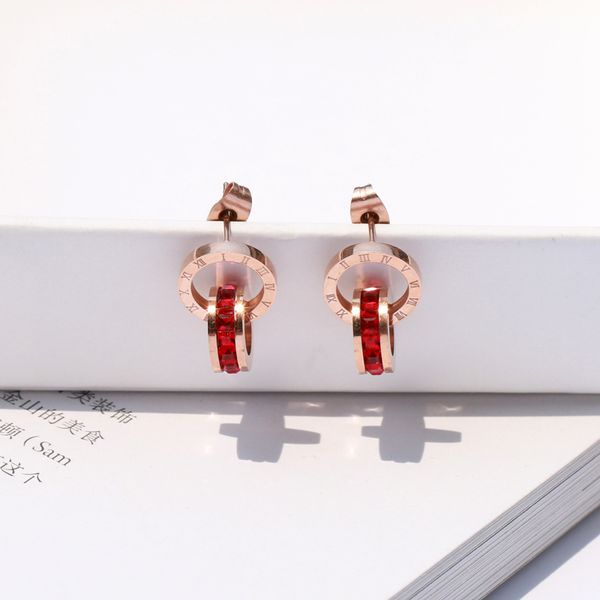 

yun ruo 2020 new arrival fashion luxury red zircon roman stud earring rose gold color woman gift titanium steel jewelry not fade, Golden;silver