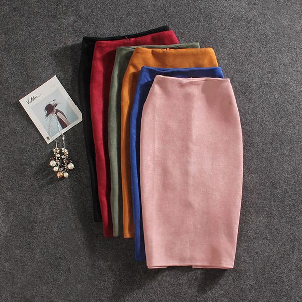 

women skirts summer plus size knee length pencil skirt female vintage suede split skirts jupe femme faldas mujer, Black