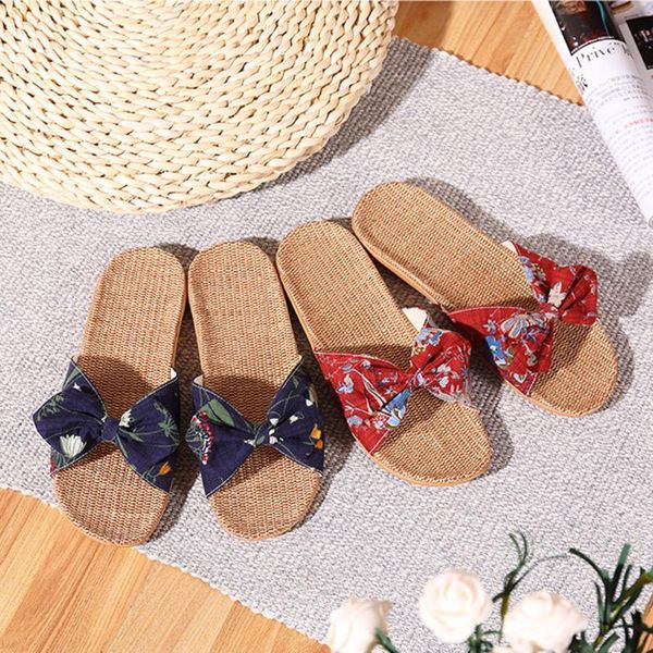 

new women summer bowknot sandals slippers flax linen flip flops beach shoes sandals slipper bohemia floral bow shoes, Black