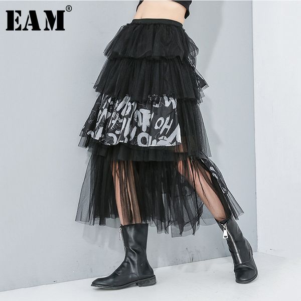 

eam] высокий эластичный пояс письмо печати mesh split joint cake половина тела юбка женщины мода tide новая весна осень 2020 1r173, Black