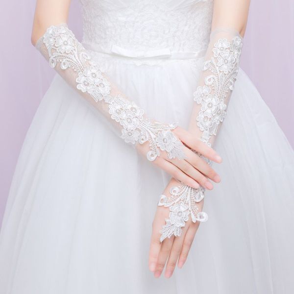 

embroidery floral lace long gloves sheer mesh elbow length bridal wedding prom fingerless mittens, White