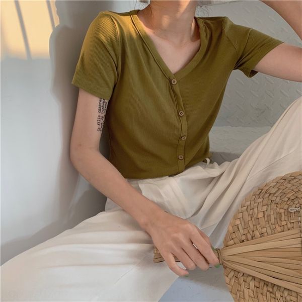 

2020 new soft and glutinous vertical stripes slim v-neck short sleeve button button t-shirt buttons t-shirt 14255, White